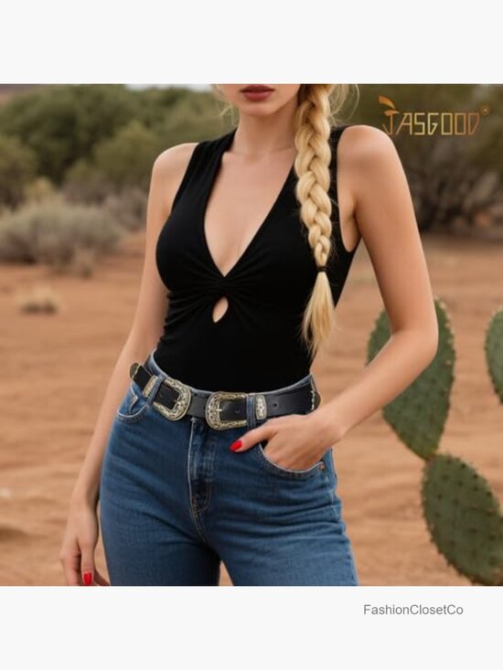 Vintage Double Buckle Cowgirl Belt - Faux Leather Western Belt for Jeans